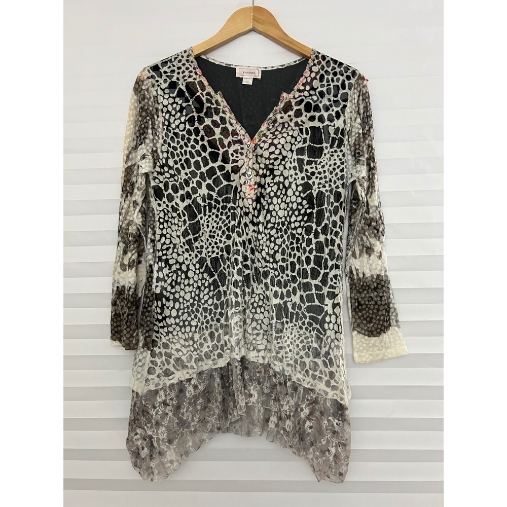 Kamana Womens Animal Print Lace Boho Tunic Top Grey Black Hippie Long Sleeve M